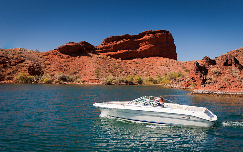 A couple on a speedboat on Lake Havasu