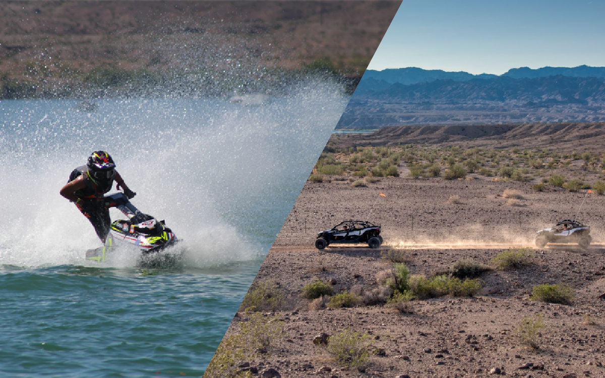 On the left: a person riding a jet ski, on the right: two all terrain vehicles on a trail in Lake Havasu