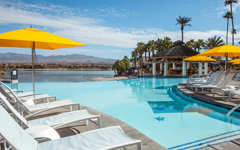 Our infinity pool with Palapa Bar overlooking Lake Havasu